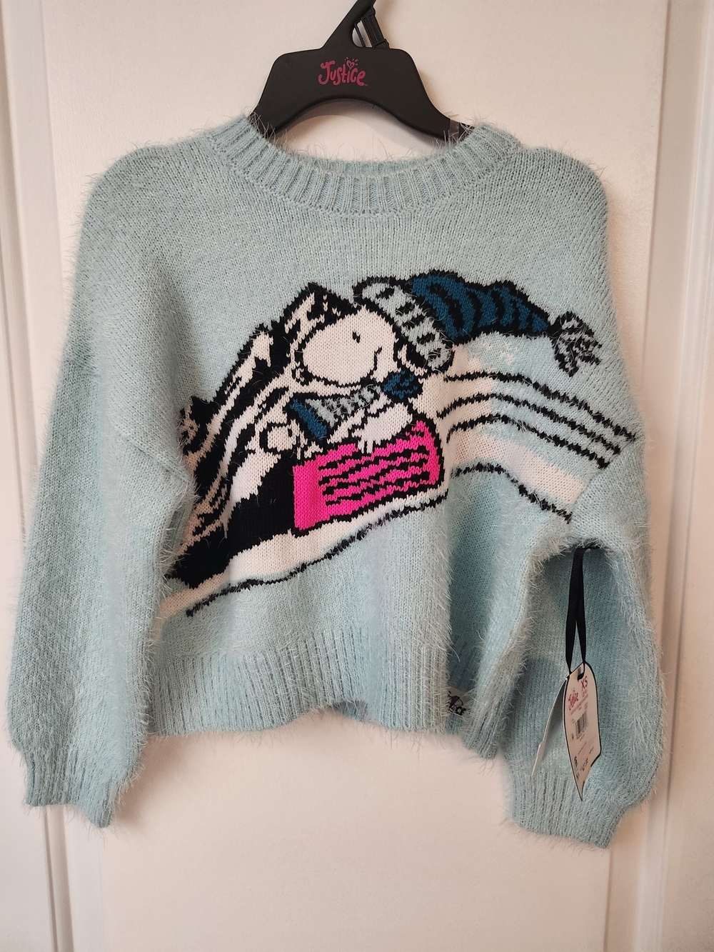Justice Light Blue Fuzzy Graphic Crew Sweater with Pink Accent